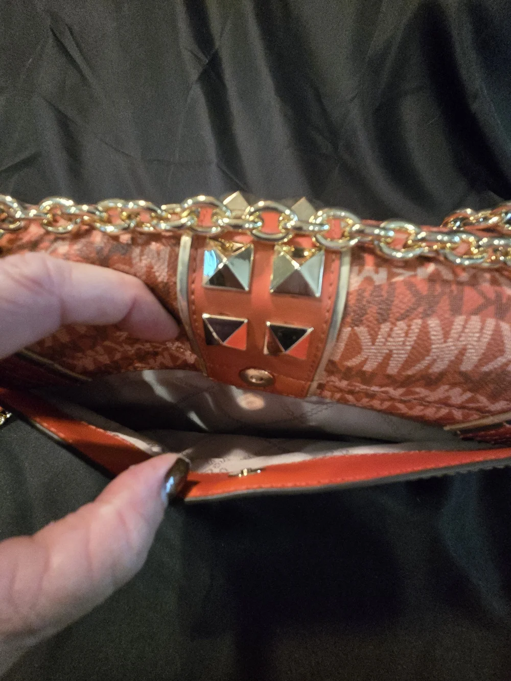 Michael Kors Orange Logo Studded Chain Crossbody Bag